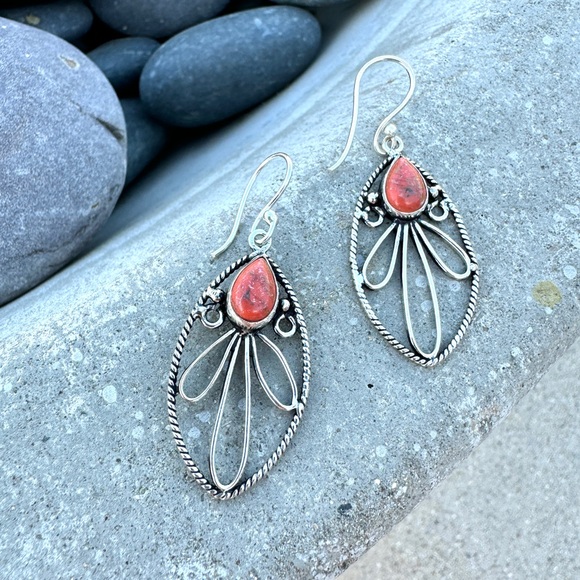 SUNDANCE orange copper turquoise earrings STERLING Silver gemstone GIFT floral - Picture 3 of 4